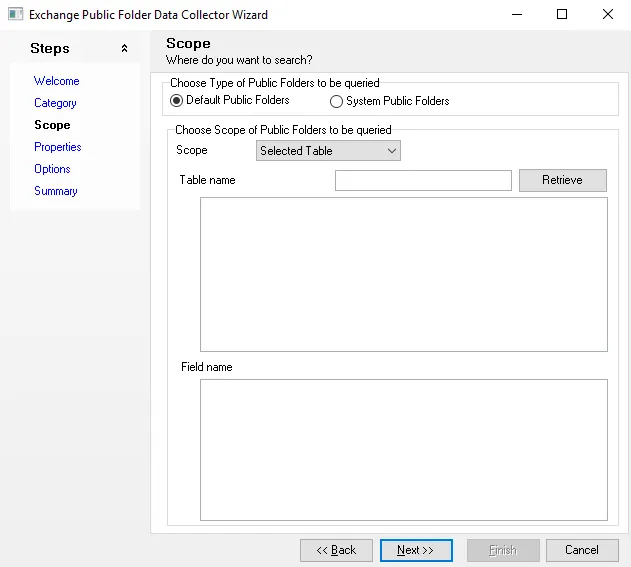 Scope page with Selected Table option selected