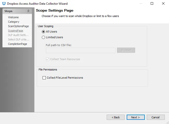 Dropbox Access Auditor Data Collector Wizard Scoping Settings page