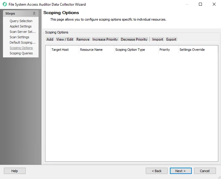 FSAA Data Collector Wizard Scoping Options page