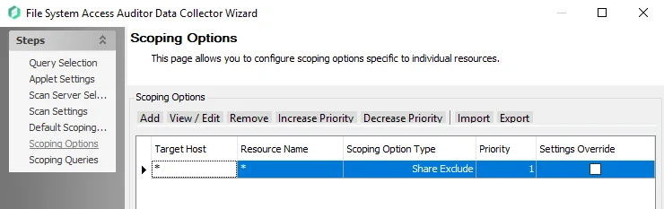 FSAA Data Collector Wizard Scoping Options page Open shares configuration