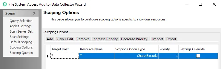 FSAA Data Collector Wizard Scoping Options page Open shares configuration