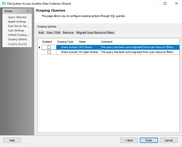 FSAA Data Collector Wizard Scoping Queries page