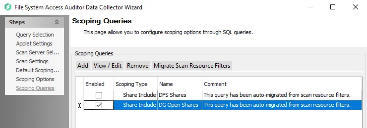 FSAA Data Collector Wizard Scoping Queries page Open shares configuration