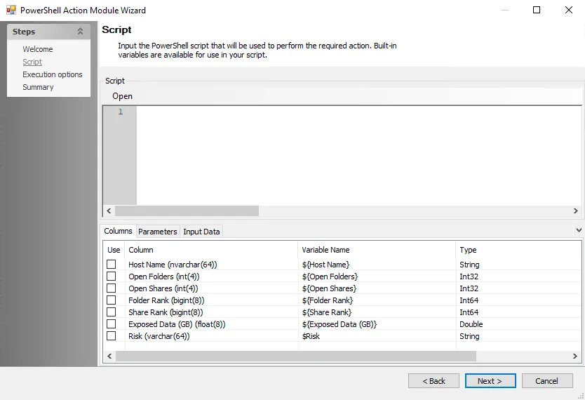 PowerShell Action Module Wizard Script page