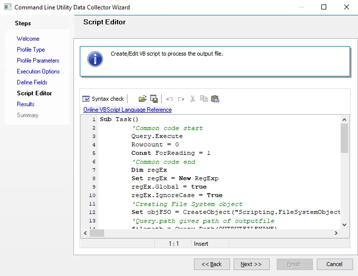 Command Line Utility Data Collector Wizard Script Editor page