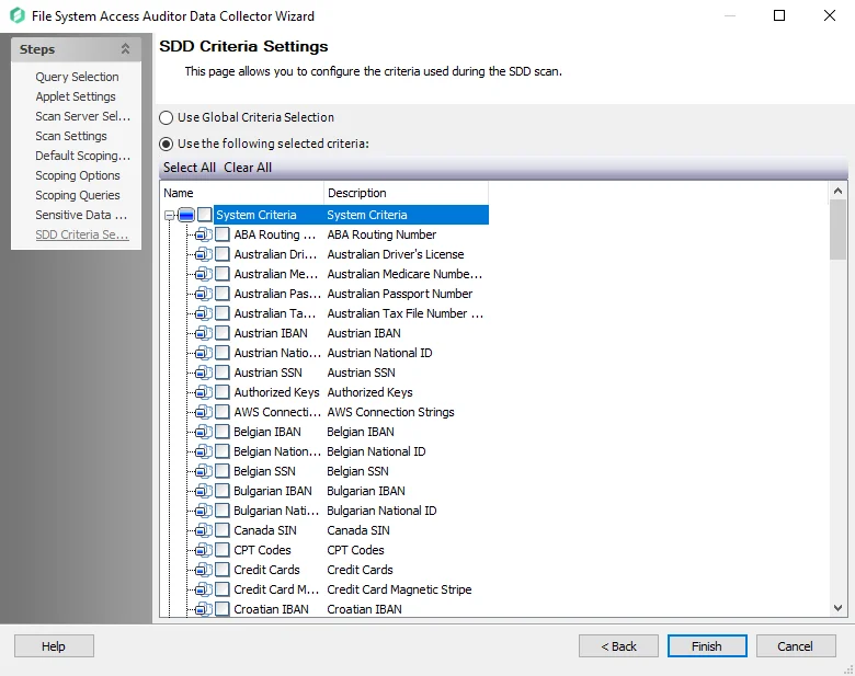 FSAA Data Collector Wizard SDD Criteria Settings page