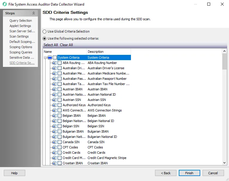 FSAA Data Collector Wizard SDD Criteria Settings page