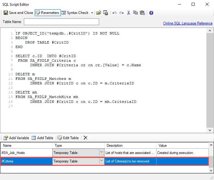  FS_SDD_DELETE Job Analysis Task in SQL Script Editor