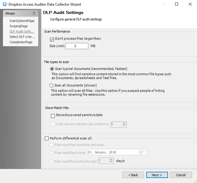Dropbox Access Auditor Data Collector Wizard DLP Audit Settings page