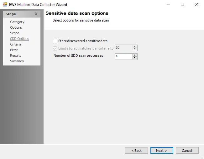 EWS Mailbox Data Collector Wizard SDD Options page