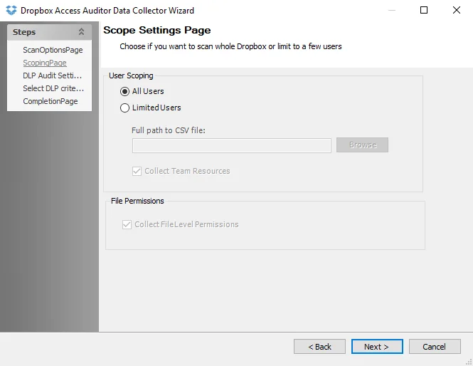 Dropbox Access Auditor Data Collector Wizard Scoping page