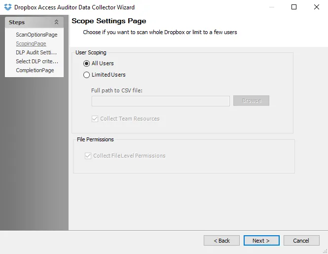 Dropbox Access Auditor Data Collector Wizard Scoping page