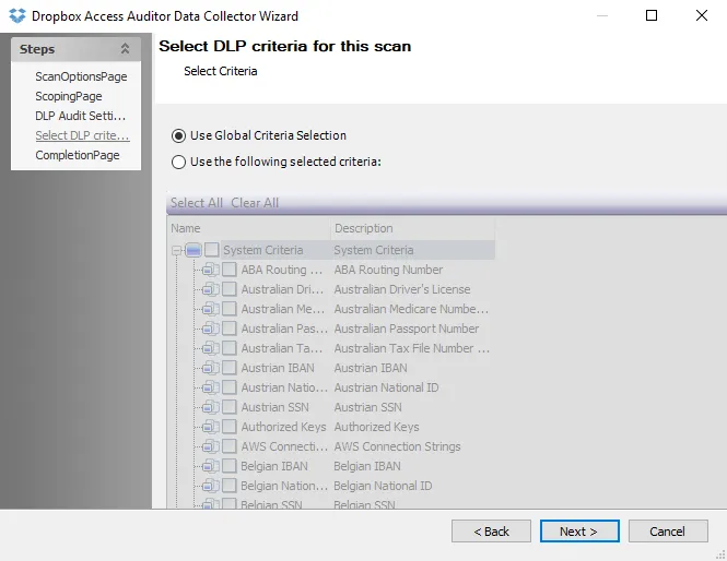 Dropbox Access Auditor Data Collector Wizard Select DLP criteria page