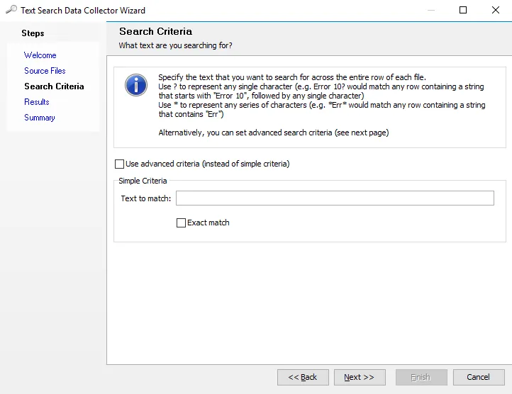 Text Search Data Collector Wizard Search Criteria page