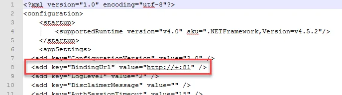 AccessInformationCenter.Service.exe.Config file showing the BindingUrl key