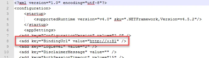 AccessInformationCenter.Service.exe.Config file showing the BindingUrl key