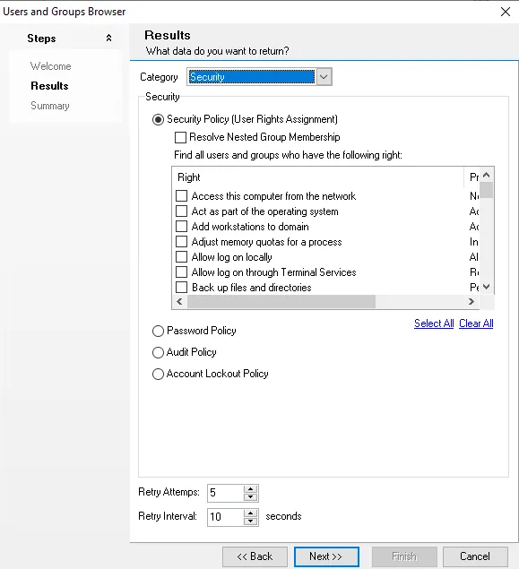 Users and Groups Browser wizard Results page Security category