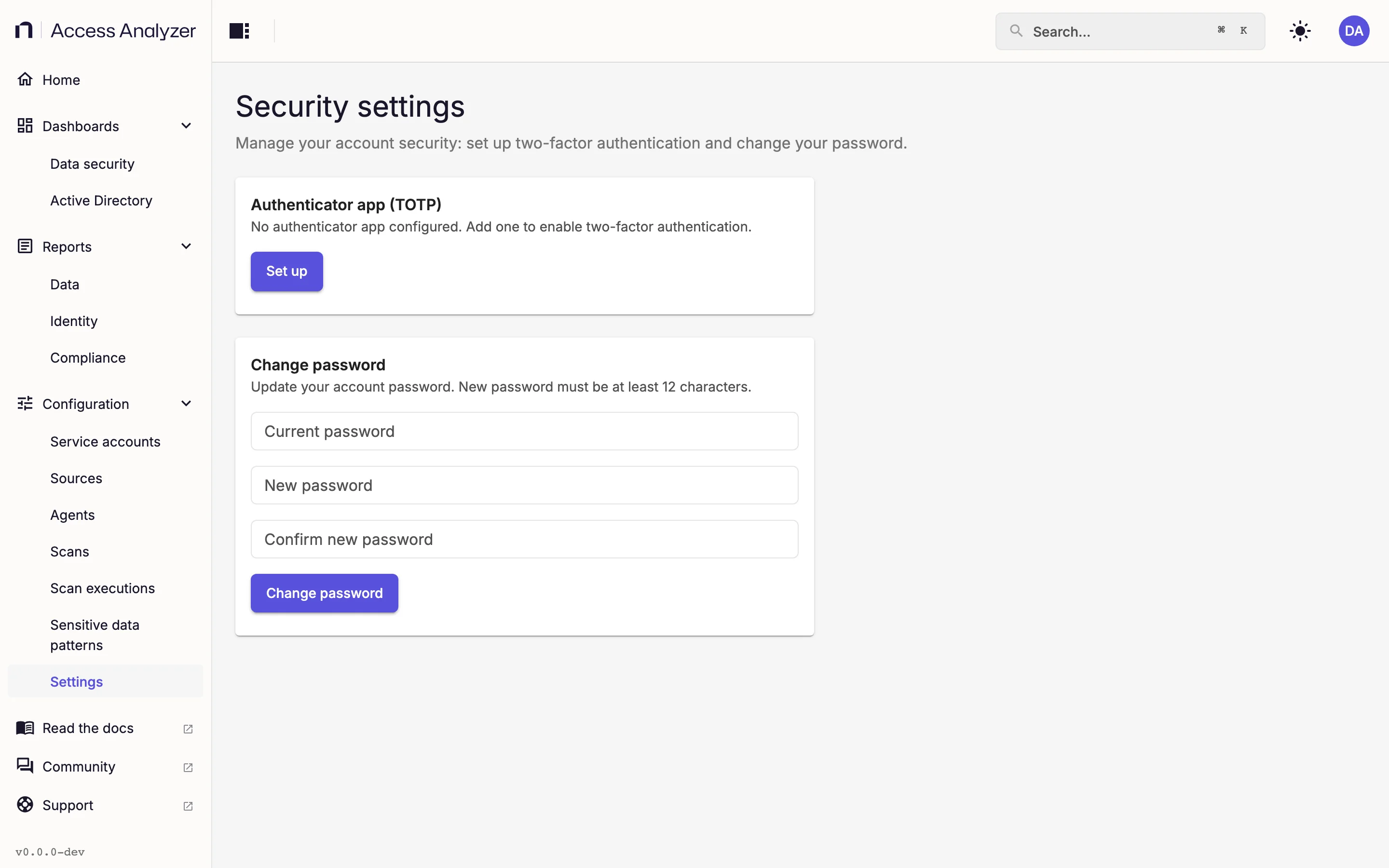 Security settings page for the signed-in user