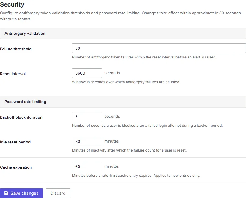 A screenshot of the Security settings tab, showing the antiforgery validation and password rate limiting sections.