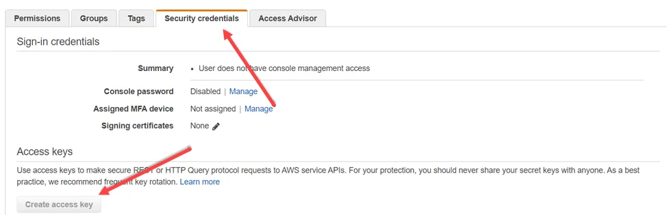Security credentials tab