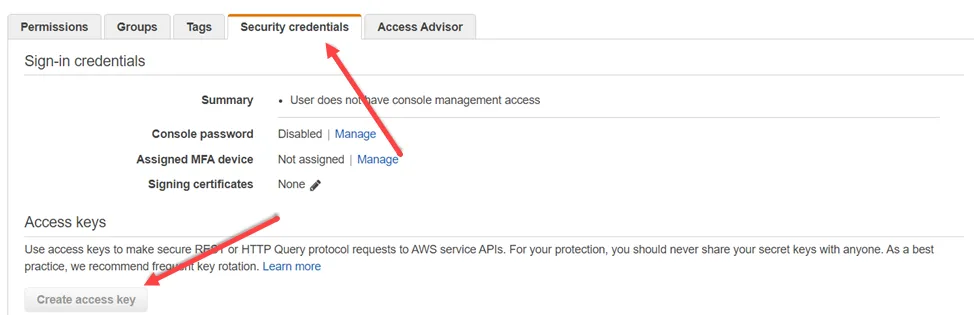 Security credentials tab
