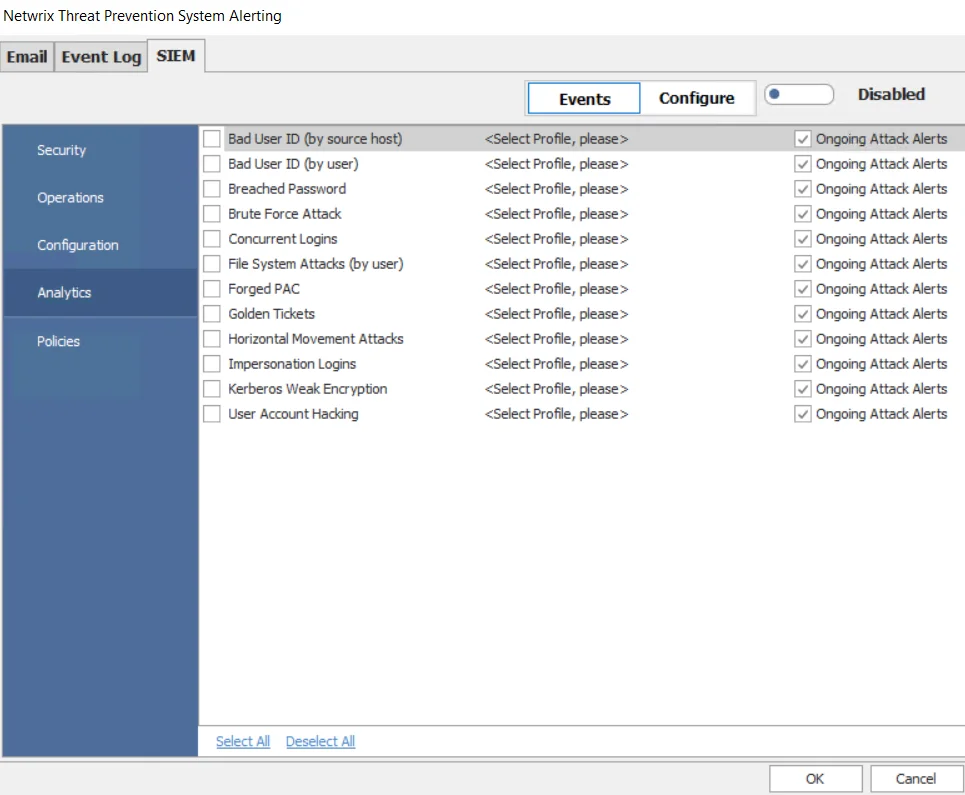 Netwrix Threat Prevention System Alerting window - SEIM tab