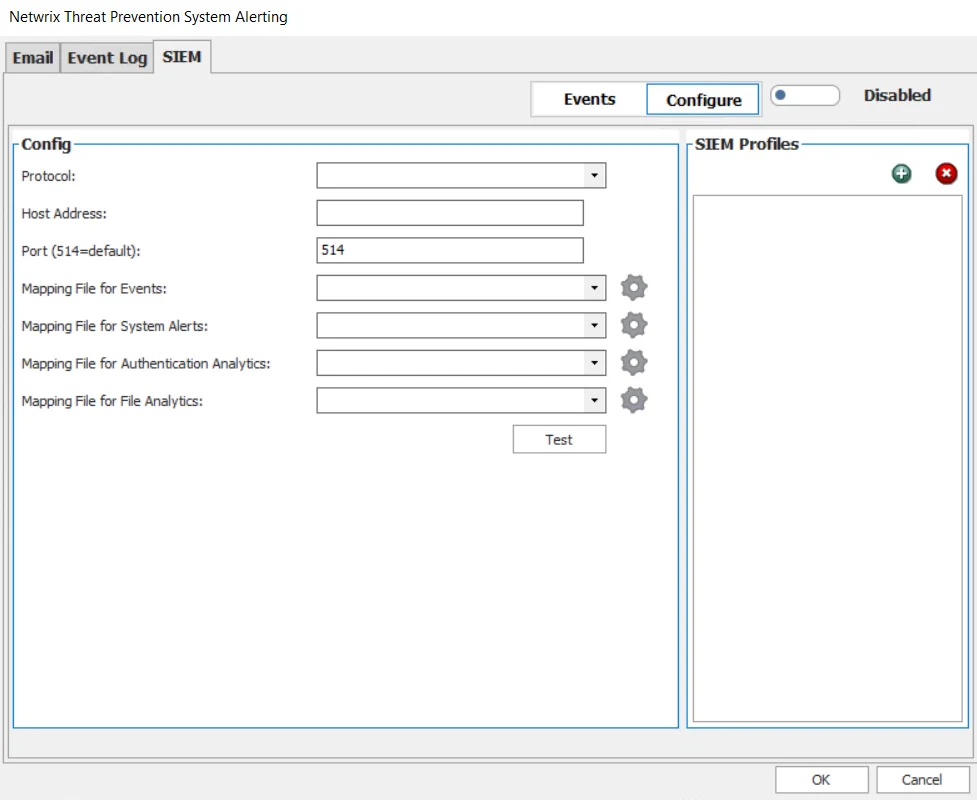 Netwrix Threat Prevention System Alerting window – SEIM tab – Configure SEIM Server