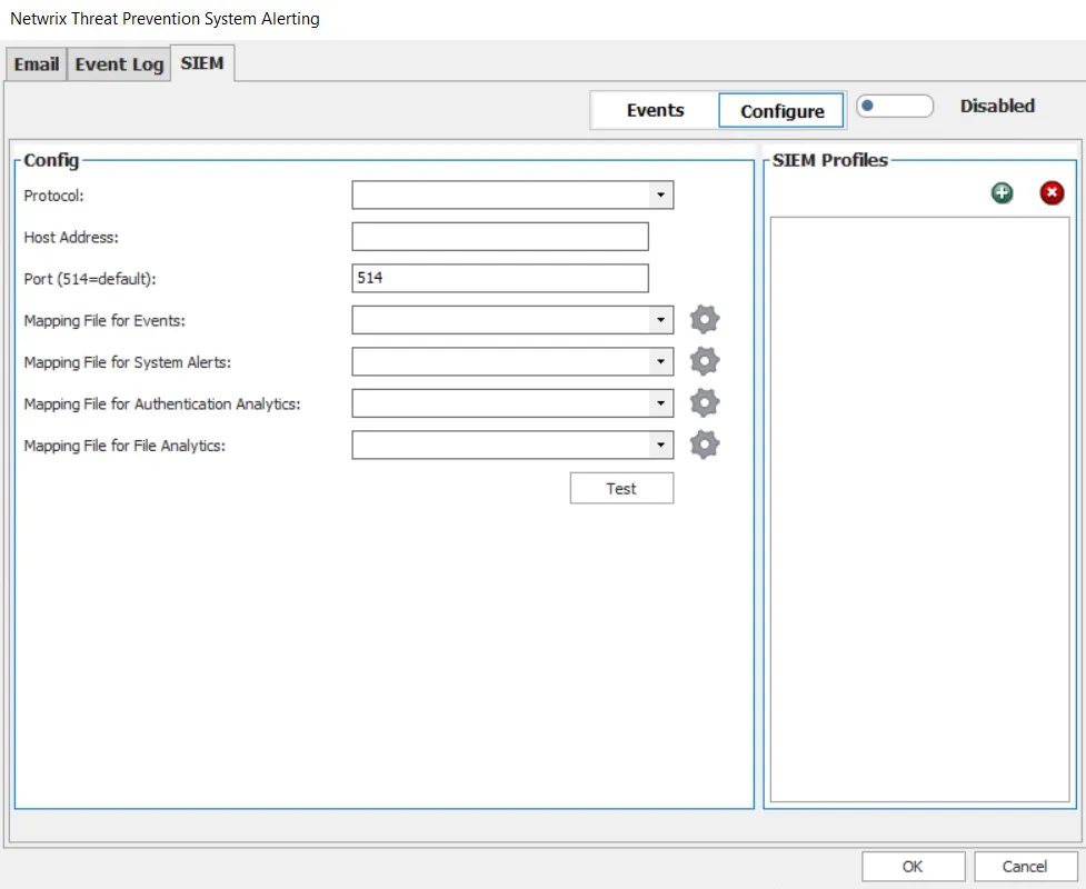 Netwrix Threat Prevention System Alerting window – SEIM tab – Configure SEIM Server