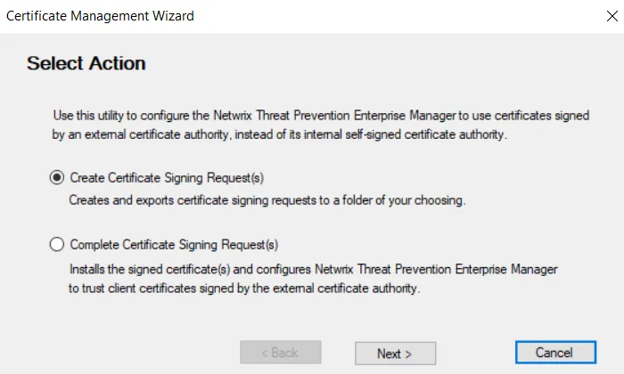Certificate Management Wizard on the Select Action page