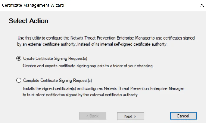 Certificate Management Wizard on the Select Action page