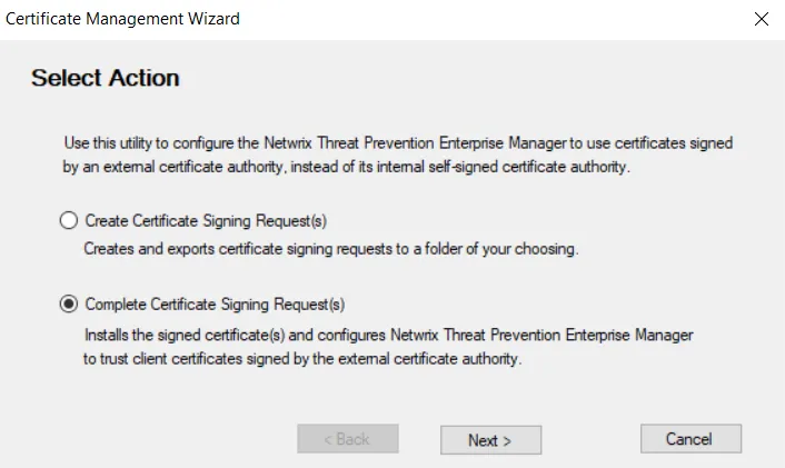 Certificate Management Wizard on the Select Action page