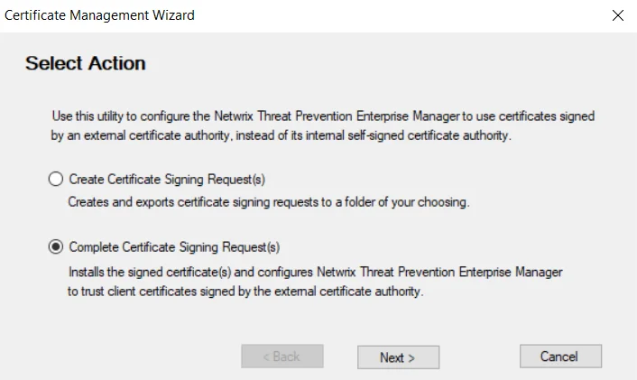 Certificate Management Wizard on the Select Action page