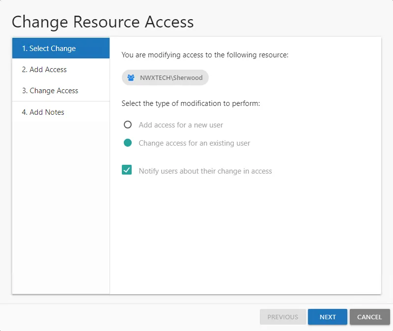 Change Resource Access wizard with the 1. Select Change page with Change access for an existing user option selected