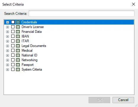 Select Criteria window