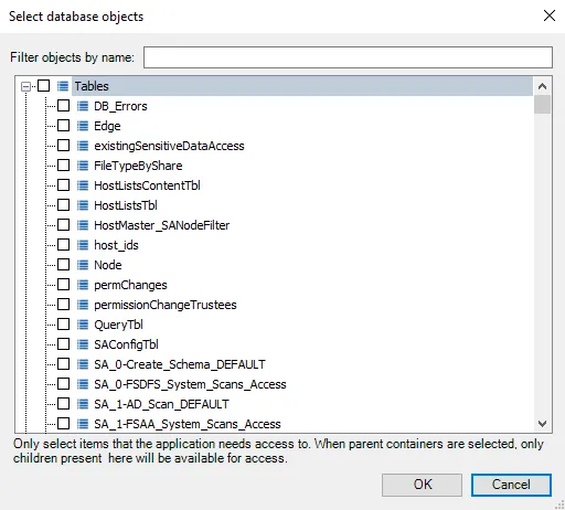 Select database objects window