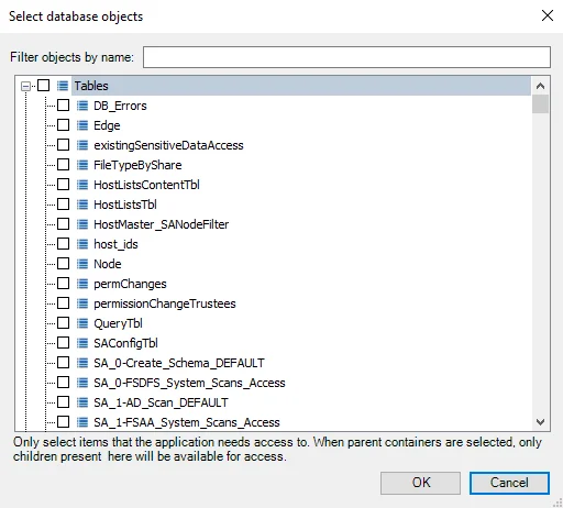 Select database objects window