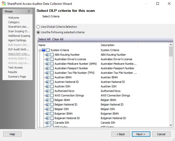 Dropbox Access Auditor Data Collector Wizard Select DLP criteria page