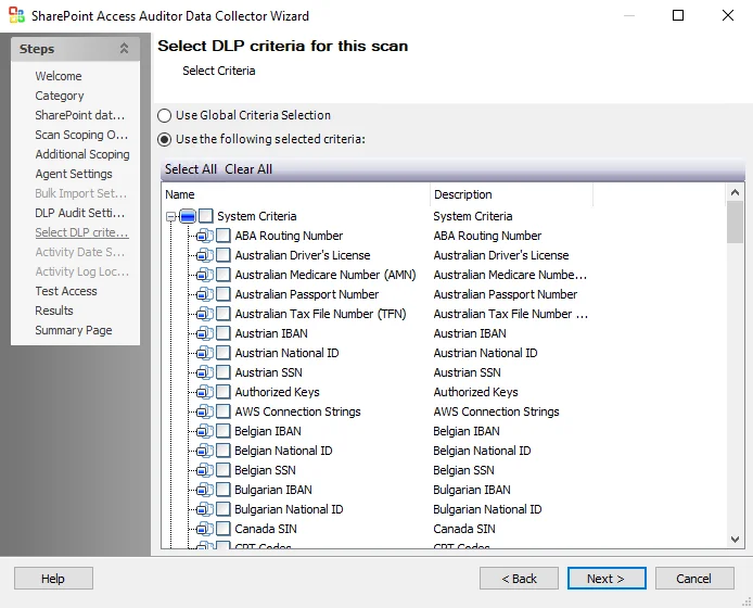 Select DLP criteria for this scan page