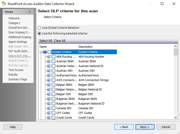 Select DLP Criteria Page of the SPAA Data Collector Wizard