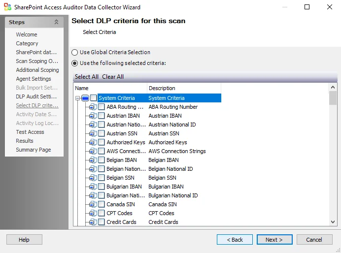 Select DLP Criteria Page of the SPAA Data Collector Wizard