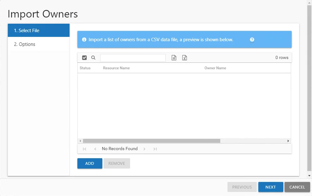 Import Owners wizard showing 1. Select File page