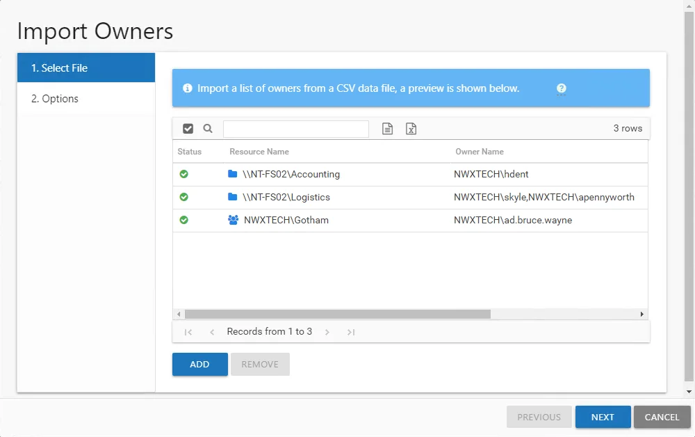Import Owners wizard with the 1. Select File page showing resources with assigned owners to be imported