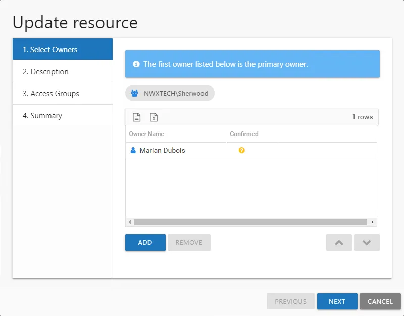 Add new resources wizard showing 2. Select Owners page