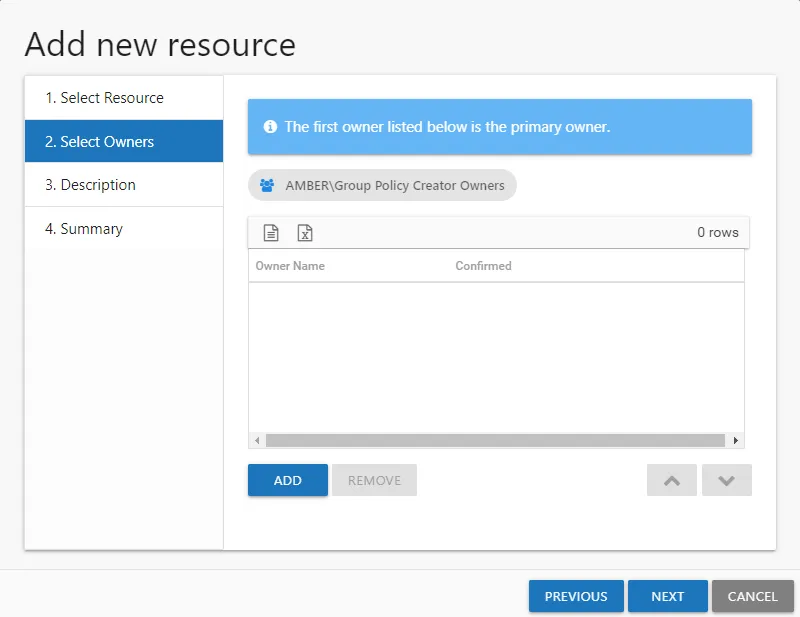 Add new resources wizard showing 2. Select Owners page