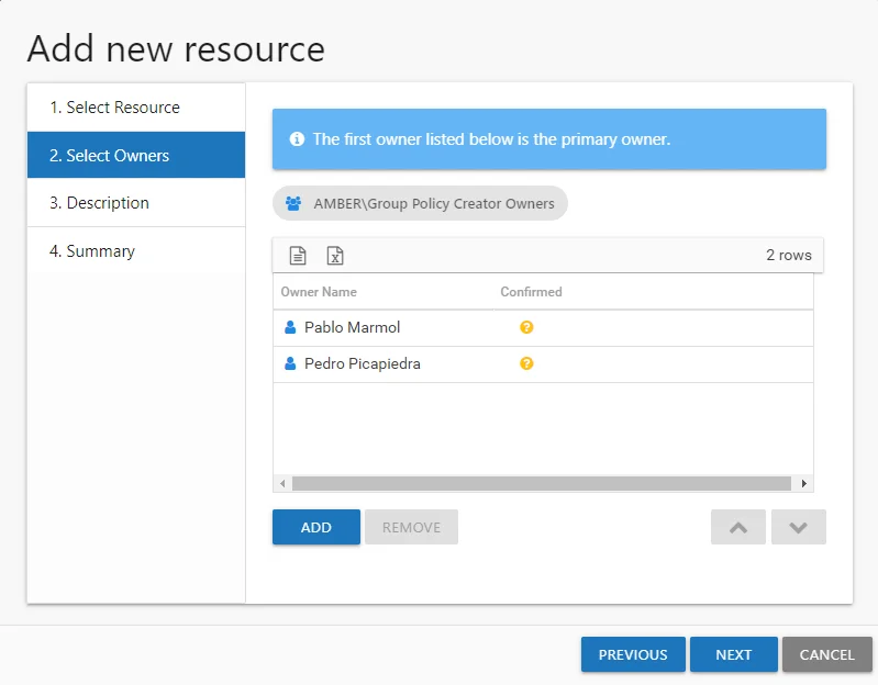 Add new resources wizard with the 2. Select Owners page showing multiple owners selected