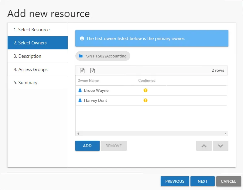 Add new resources wizard with the 2. Select Owners page showing multiple owners selected