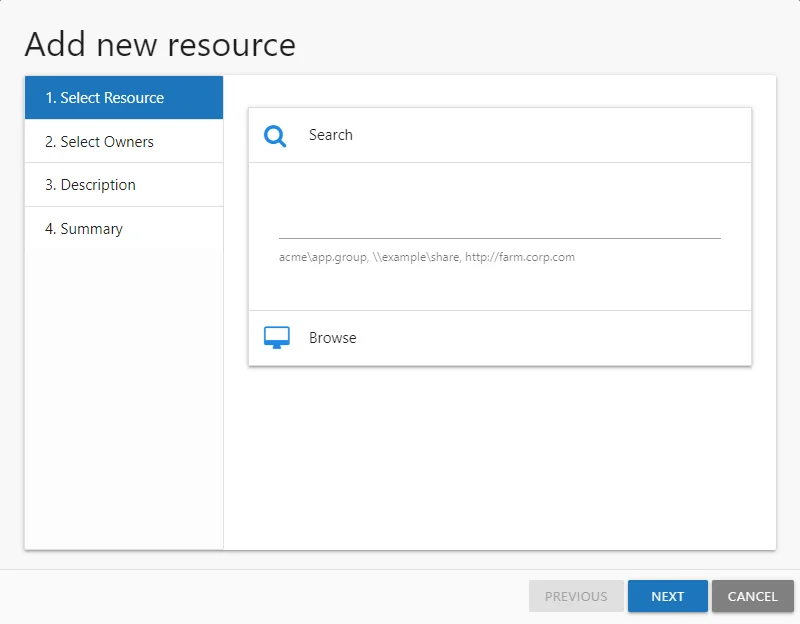 Request Access Wizard Select Resource page