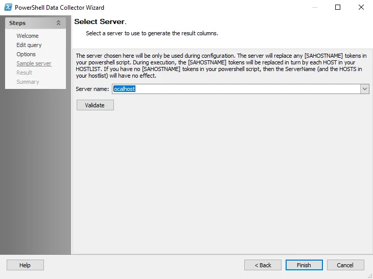 PowerShell Data Collector Wizard Select Server page