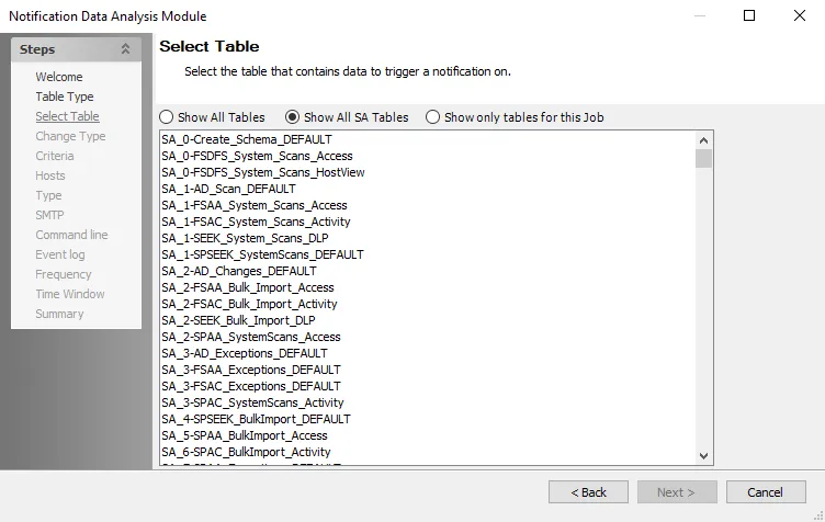Notification Data Analysis Module wizard Select Table page