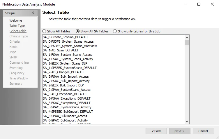 Notification Data Analysis Module wizard Select Table page